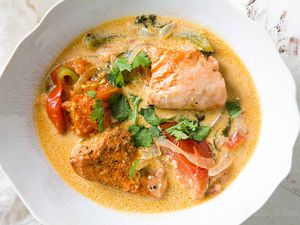 Salmon Moqueca with onions, tomatoes and bell peppers