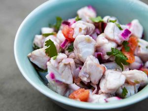 Ceviche with fish, onion, tomatoes, and chilis in a bowl
