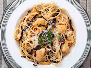 Ancho Chile Shrimp Pasta on a plate