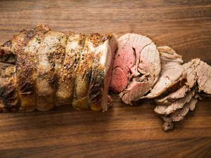 Sliced Roast Leg of Lamb with pink center