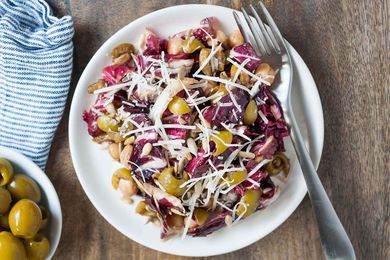 Radicchio Salad with Green Olives, Chickpeas, and Parmesan
