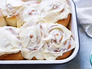 The best cinnamon rolls frosted with cream cheese frosting.