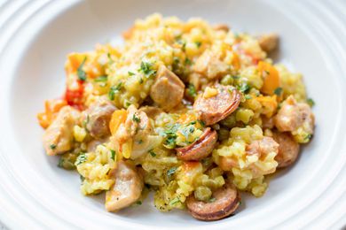 A serving of instant pot paella on a plate