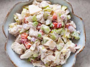 Chicken Salad with celery and bell pepper in a serving bowl
