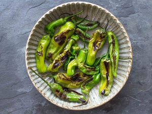 Blistered Shishito or Padron Peppers in a bowl