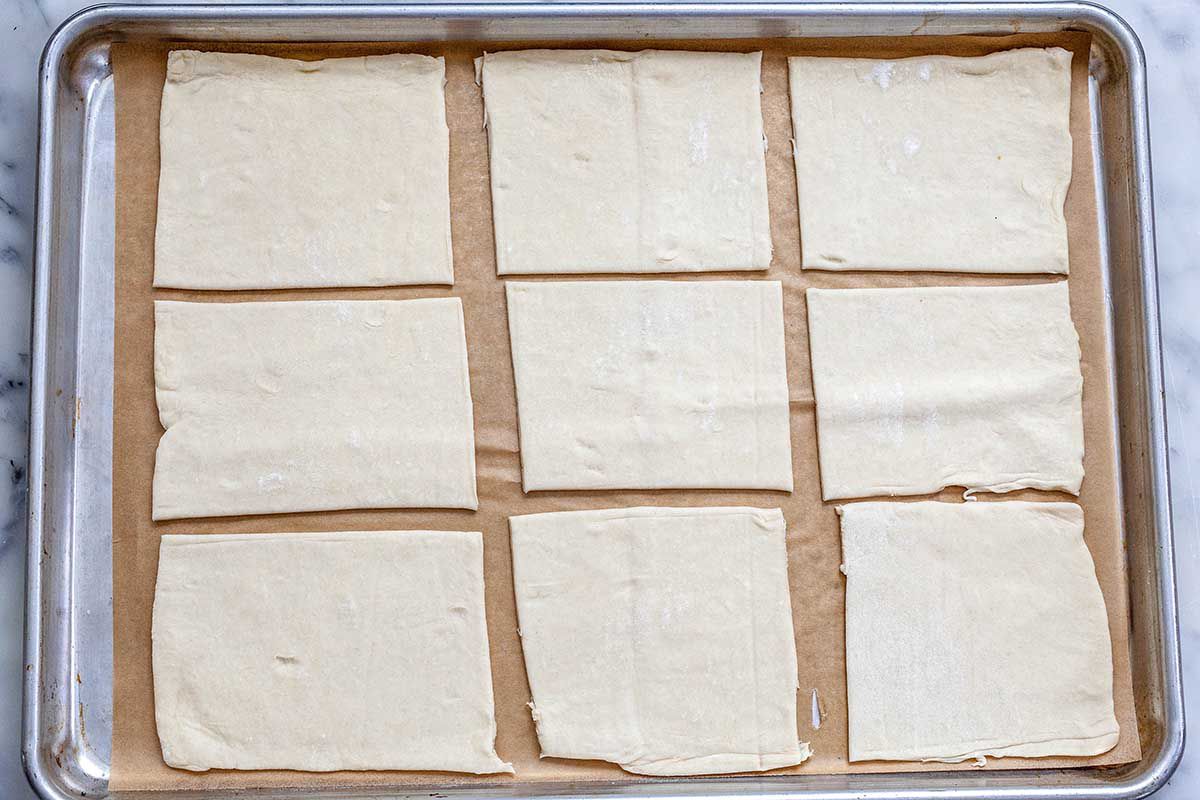 Peach Tart Recipe - puff pastry cut into 9 squares