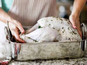 Setting dry brined turkey into roasting pan