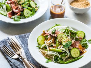 Beef Noodle Bowl - - noodle salad with beef and vegtables in a white bowl
