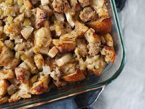 A baking dish with classic Thanksgiving sage, sausage and apple stuffing.