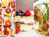 Three photos next to each other. From left to right: tomato ricotta tart cut into squares. In the middle is a photo of berry topped Honey Ricotta Stuffed French Toast. The image on the left is Lemony Spaghetti with Peas and Ricotta.
