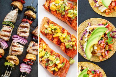 Three photos next to each other for grilled fish entrees. To the left are three tuna skewers layered with red onion and bell peppers. The middle photo shows three salmon fillets topped with mango salsa. The photo to the right are three fish tacos on corn tortillas topped with salsa and avocado.