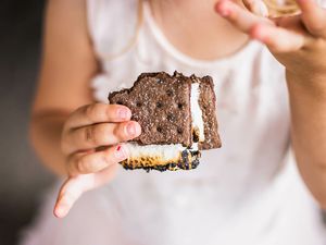 A child holds a chocolate graham cracker smore during a backyard Smores Party.