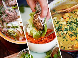 Three images set next to each other. To the left is a bowl of homemade beef pho. In the middle is a lettuce wrap being dipped in a mixture of sliced carrots. The image at the right is a bowl of Vietnamese curry.