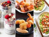 Three images side by side. On the right are three mason jars of Grab-and-Go Oatmeal Chia Cups topped with berries and sliced almonds. The center photo are Coconut Shrimp with Sweet Chili Mayo. The image on the left are two plates of Quick Green Curry Chicken with Zucchini Noodles.