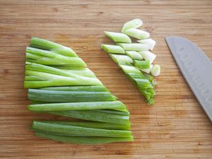 Scallions chopped at a diagonal for an easy homemade kimchi recipe.