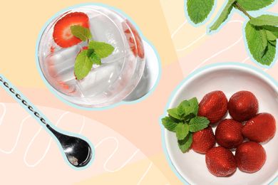 Photo composite of a cocktail, mixing spoon, plated strawberries and a sprig of mint