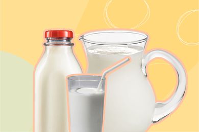 Photo composite of a bottle, glass, and jug of milk.