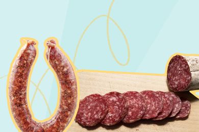 Photo composite of a link of sausage and a link of cured meat.