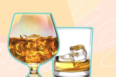 Photo composite of two scotch glasses with scotch and ice