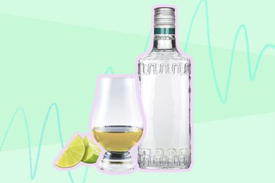 Photo composite of a bottle and aged tequila in a glass with lime wedges.
