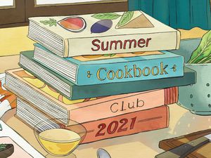 Summer Cookbook Club illustration cookbooks on countertop