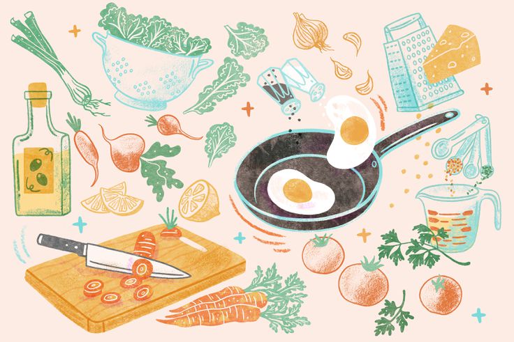Illustration of fresh produce, cooking tools, ingredients, etc.