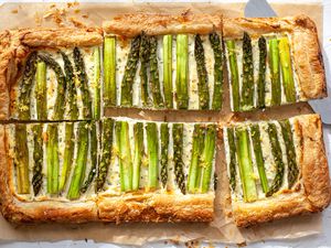 Asparagus Tart with Goat Cheese and Lemon cut into slices.