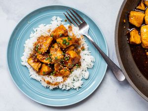 Overhead view of The BEST Bourbon Chicken Recipe served over rice.