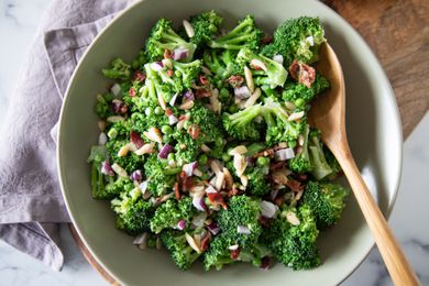 Broccoli Salad with bacon and mayonnaise in a bowl