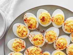 Overhead view of a platter of Classic Deviled Eggs.