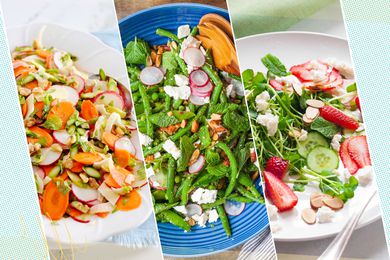 Three spring salads set side by side.
