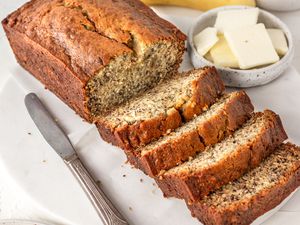 Easy banana bread cut into thick slices.