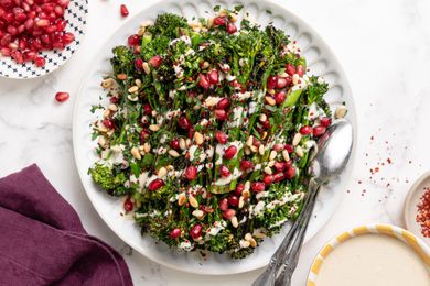 Grilled Broccolini with Lemon Tahini Dressing and Pomegranate Arils