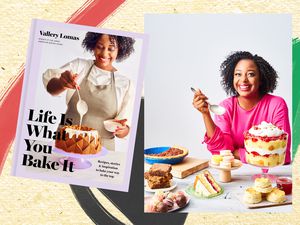 Life Is What You Bake It cookbook next to Vallery Lomas collage 