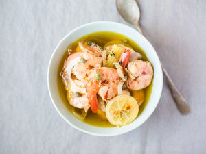 Pickled Shrimp in a Bowl with a Spoon on the Side