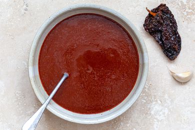 Smooth red chilli sauce in a bowl.