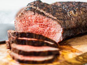 Up close view of a tri tip steak sliced.