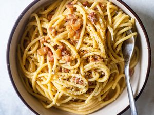 Overhead view of a bowl of Spaghetti Carbonara.