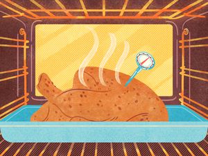 Illustration of turkey cooking in the oven