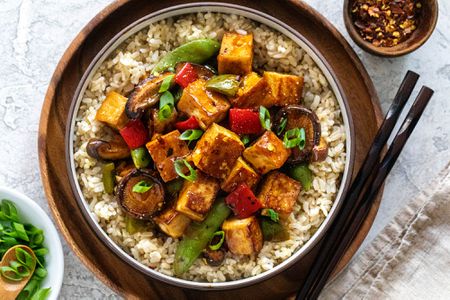 Easy Tofu Stir Fry served with rice.