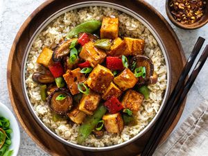 Easy Tofu Stir Fry served with rice.
